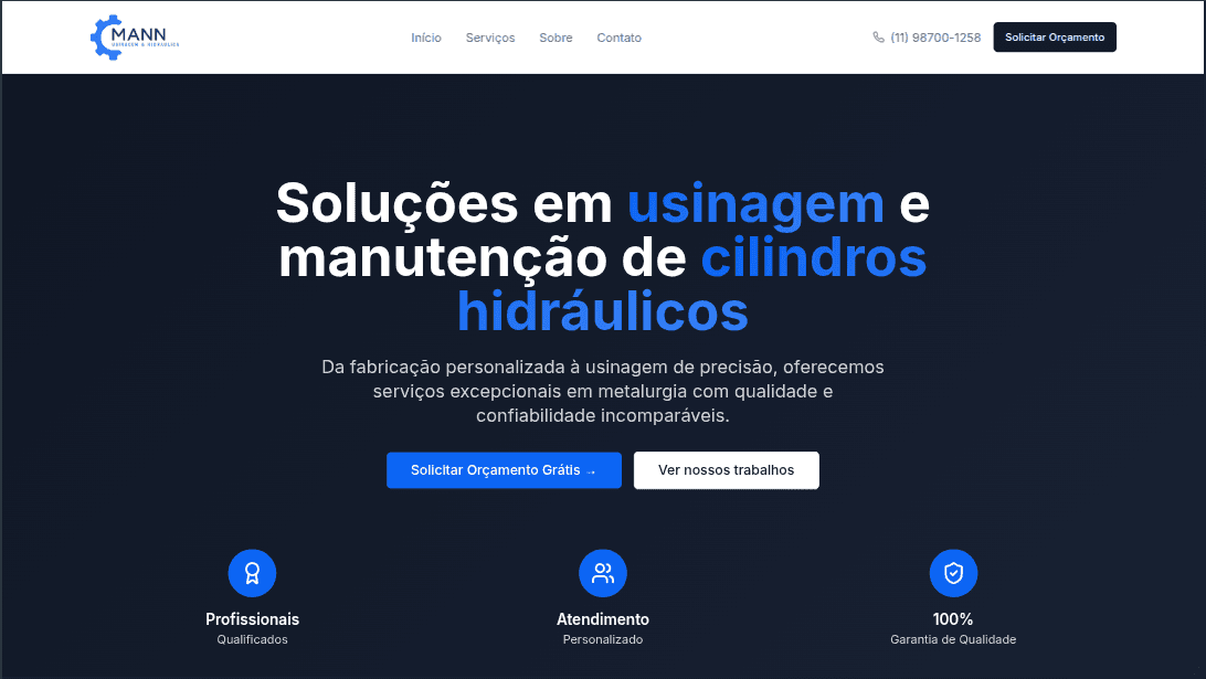 Preview do site Mann Usinagem e Hidráulica — usinagem em Suzano-SP